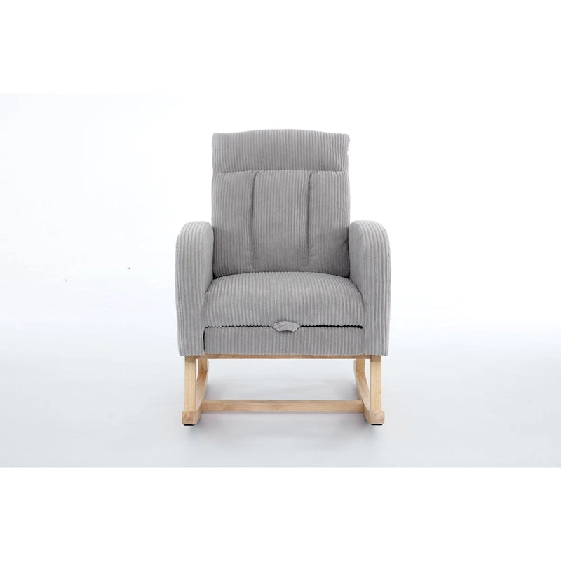 Upholstered Rocking Chair with Solid Wood Base and Side Pocket