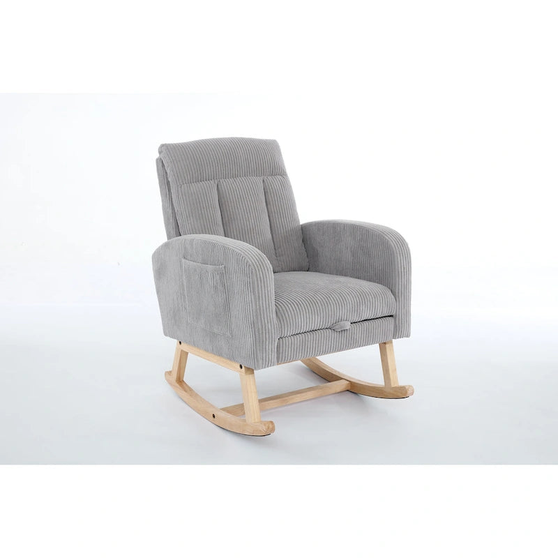 Upholstered Rocking Chair with Solid Wood Base and Side Pocket