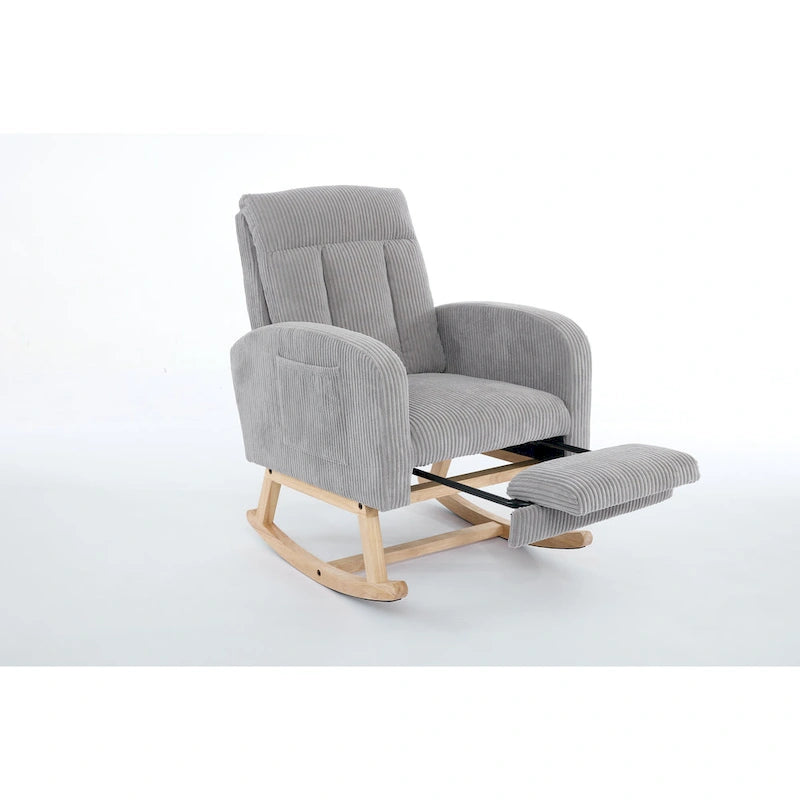 Upholstered Rocking Chair with Solid Wood Base and Side Pocket