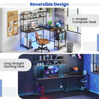 L-Shaped Gaming Desk with LED Strip & Power Outlets