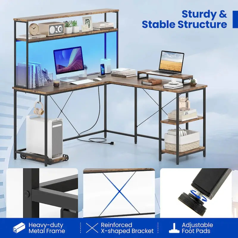 L-Shaped Gaming Desk with LED Strip & Power Outlets