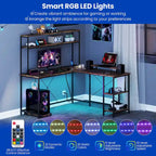 L-Shaped Gaming Desk with LED Strip & Power Outlets