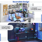 L-Shaped Gaming Desk with LED Strip & Power Outlets