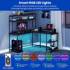 L-Shaped Gaming Desk with LED Strip & Power Outlets