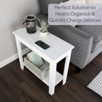 Narrow Side Table with Charging Station and Storage Shelf