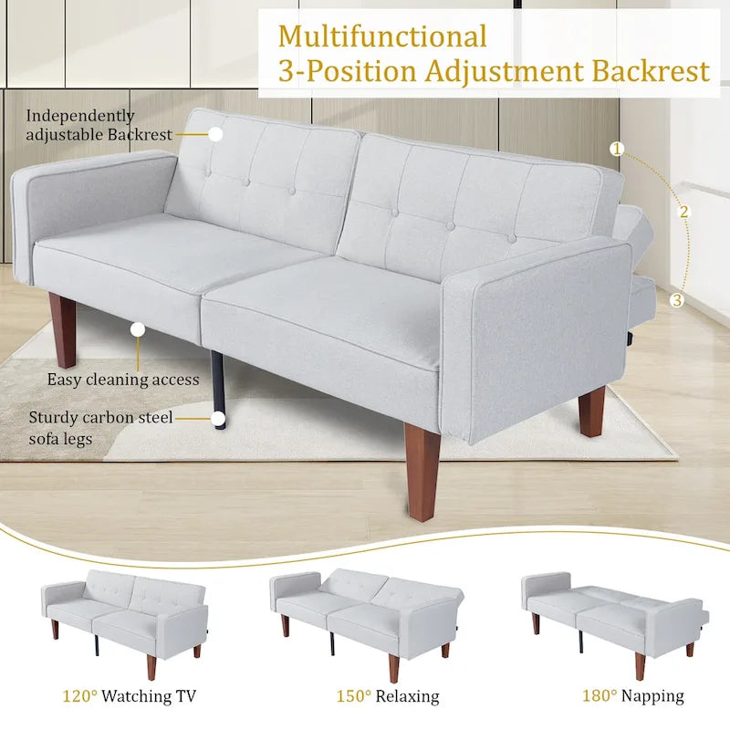68 in. Twin Size Convertible Sofa Bed with Tufted Adjustable Split Back, 5 Colors - 22.44D x 68.11W x 28.74H