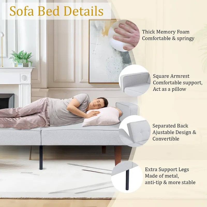 68 in. Twin Size Convertible Sofa Bed with Tufted Adjustable Split Back, 5 Colors - 22.44D x 68.11W x 28.74H