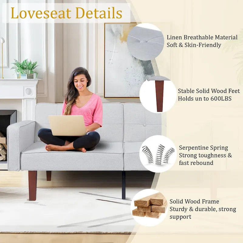 68 in. Twin Size Convertible Sofa Bed with Tufted Adjustable Split Back, 5 Colors - 22.44D x 68.11W x 28.74H