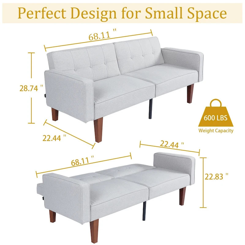 68 in. Twin Size Convertible Sofa Bed with Tufted Adjustable Split Back, 5 Colors - 22.44D x 68.11W x 28.74H