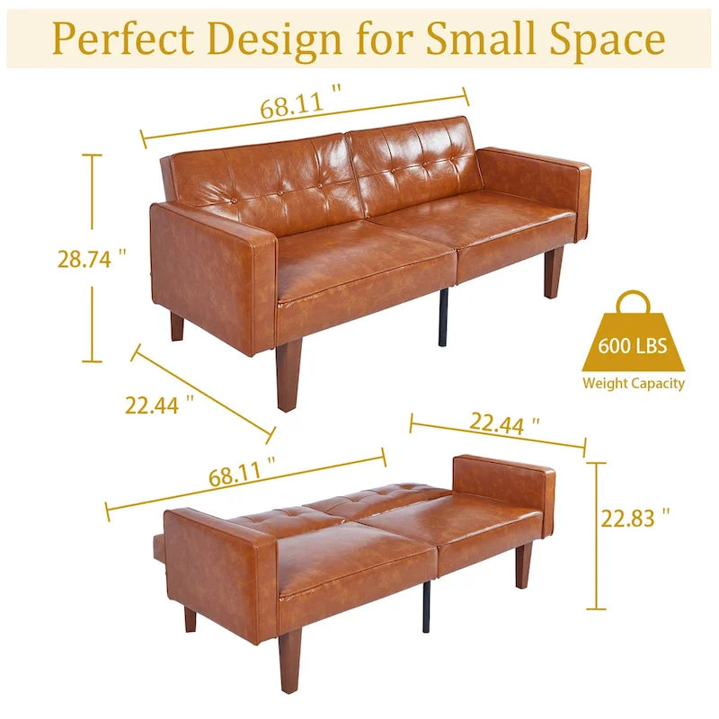 68 in. Twin Size Convertible Sofa Bed with Tufted Adjustable Split Back, 5 Colors - 22.44D x 68.11W x 28.74H