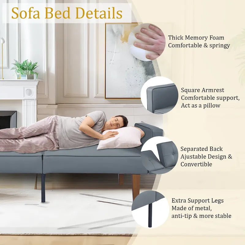 68 in. Twin Size Convertible Sofa Bed with Tufted Adjustable Split Back, 5 Colors - 22.44D x 68.11W x 28.74H