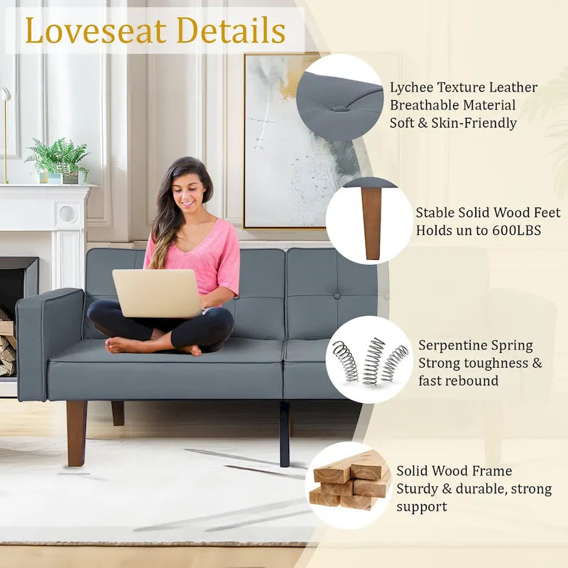 68 in. Twin Size Convertible Sofa Bed with Tufted Adjustable Split Back, 5 Colors - 22.44D x 68.11W x 28.74H