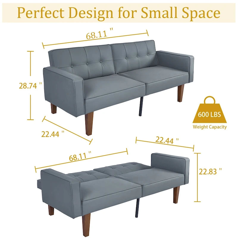 68 in. Twin Size Convertible Sofa Bed with Tufted Adjustable Split Back, 5 Colors - 22.44D x 68.11W x 28.74H