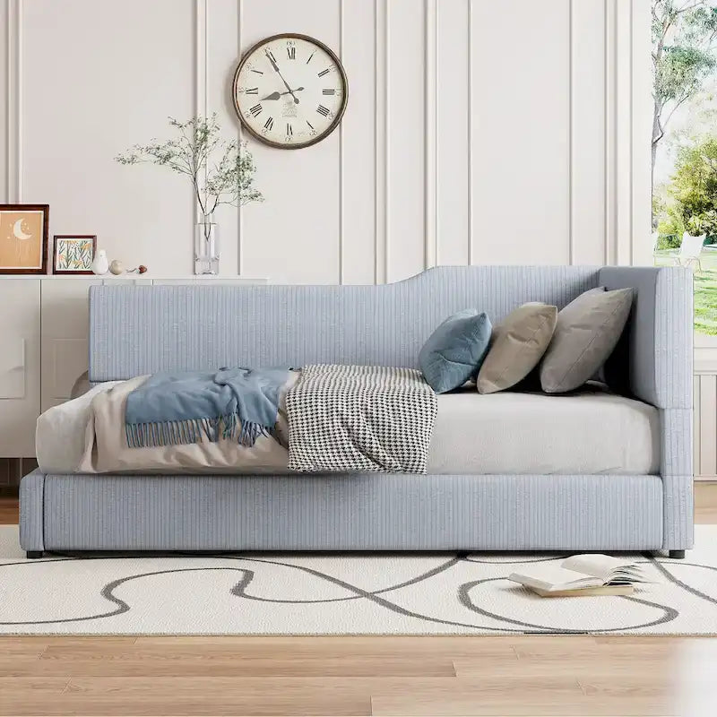 L-Shaped Daybed with Corduroy Upholstery, Solid Frame, 500 lbs Capacity