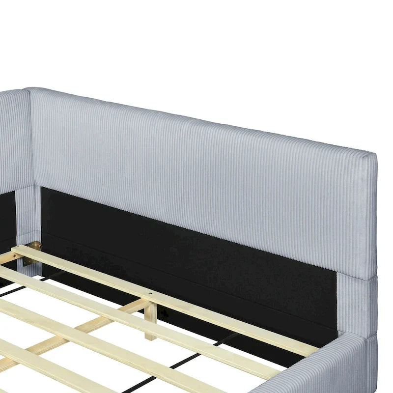 L-Shaped Daybed with Corduroy Upholstery, Solid Frame, 500 lbs Capacity