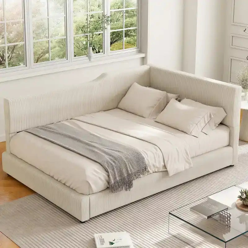 L-Shaped Daybed with Corduroy Upholstery, Solid Frame, 500 lbs Capacity