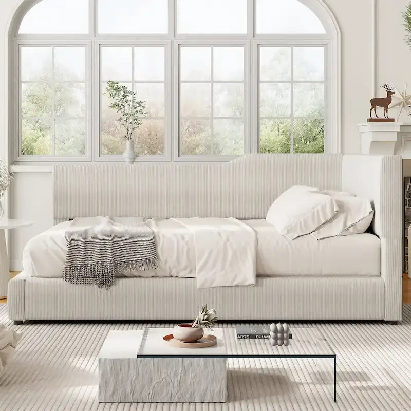 L-Shaped Daybed with Corduroy Upholstery, Solid Frame, 500 lbs Capacity