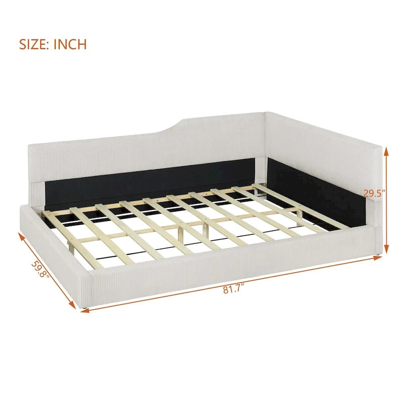 L-Shaped Daybed with Corduroy Upholstery, Solid Frame, 500 lbs Capacity