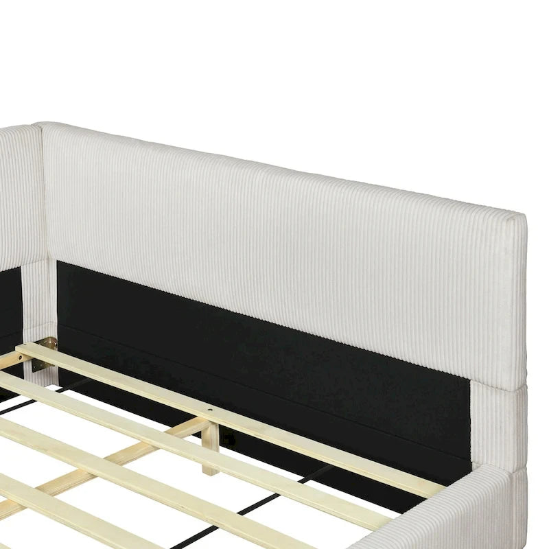 L-Shaped Daybed with Corduroy Upholstery, Solid Frame, 500 lbs Capacity