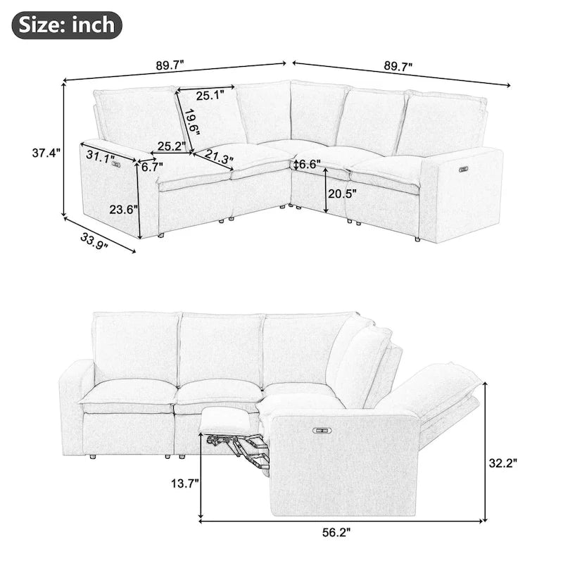L-Shaped Power Recliner Sofa, 2-Seat Section, Linen Fabric