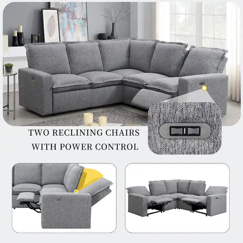 L-Shaped Power Recliner Sofa, 2-Seat Section, Linen Fabric