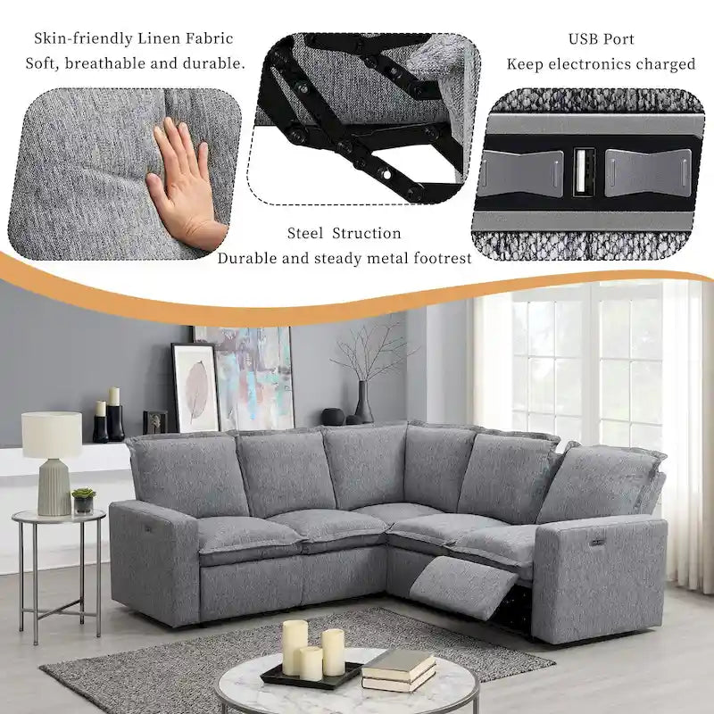 L-Shaped Power Recliner Sofa, 2-Seat Section, Linen Fabric