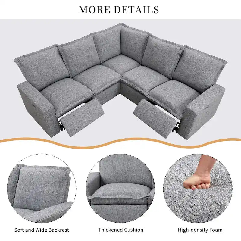 L-Shaped Power Recliner Sofa, 2-Seat Section, Linen Fabric