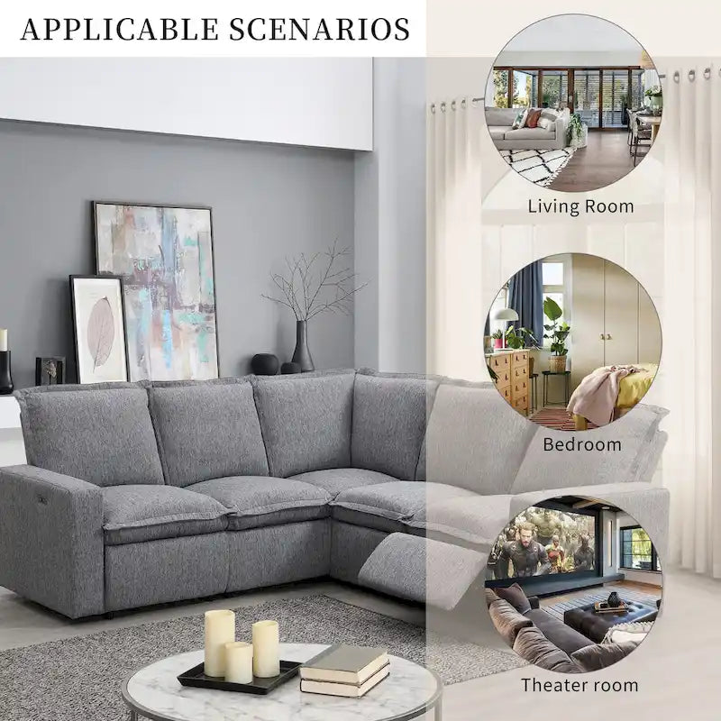 L-Shaped Power Recliner Sofa, 2-Seat Section, Linen Fabric