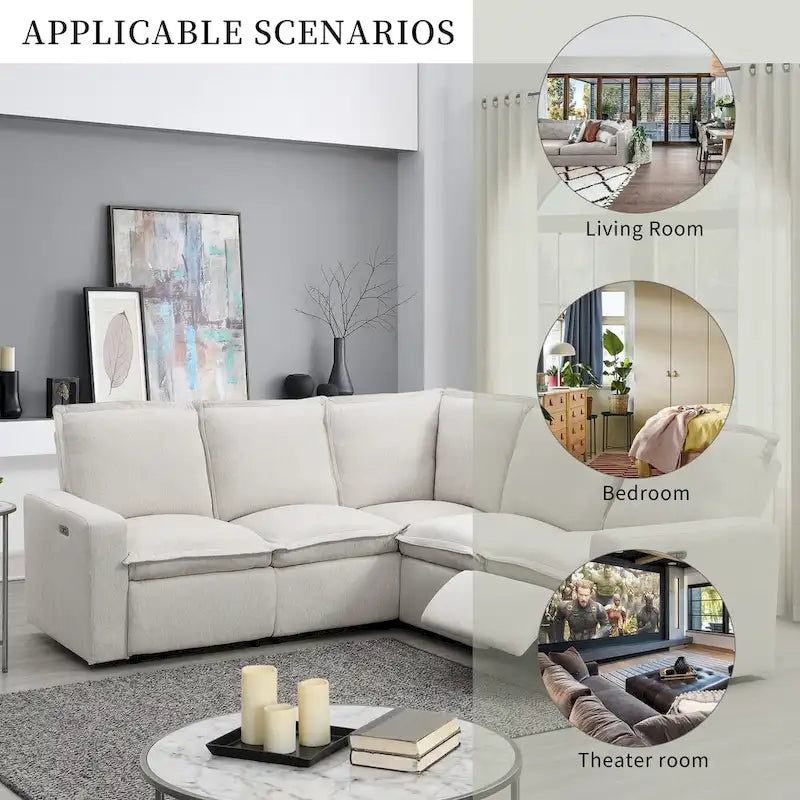 L-Shaped Power Recliner Sofa, 2-Seat Section, Linen Fabric
