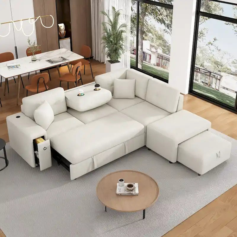 L-Shaped 4-Seater Corner Sofa Bed, featuring a Pull-Out Bed, Movable Ottoman, USB Charging Port, and Fold-Down Cup Holder Table.