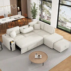 L-Shaped 4-Seater Corner Sofa Bed, featuring a Pull-Out Bed, Movable Ottoman, USB Charging Port, and Fold-Down Cup Holder Table.