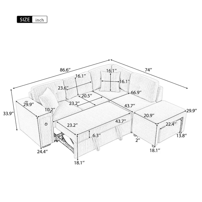 L-Shaped 4-Seater Corner Sofa Bed, featuring a Pull-Out Bed, Movable Ottoman, USB Charging Port, and Fold-Down Cup Holder Table.