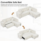 L-Shaped 4-Seater Corner Sofa Bed, featuring a Pull-Out Bed, Movable Ottoman, USB Charging Port, and Fold-Down Cup Holder Table.