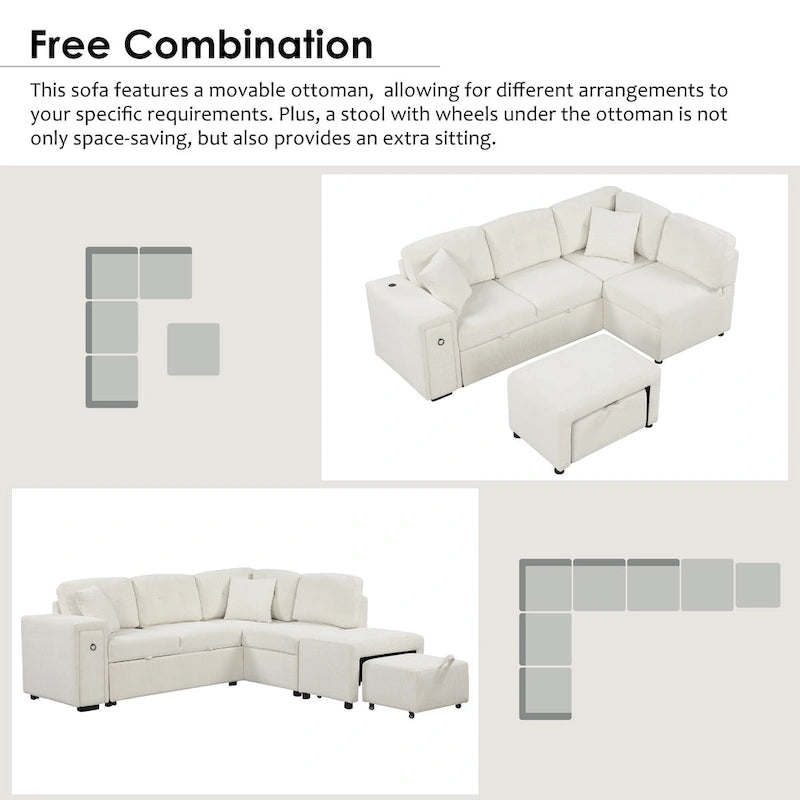 L-Shaped 4-Seater Corner Sofa Bed, featuring a Pull-Out Bed, Movable Ottoman, USB Charging Port, and Fold-Down Cup Holder Table.