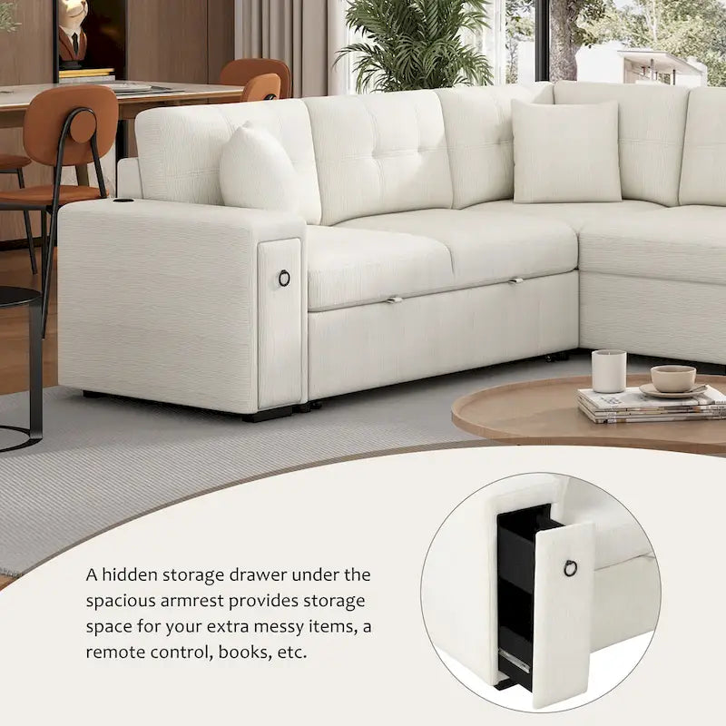 L-Shaped 4-Seater Corner Sofa Bed, featuring a Pull-Out Bed, Movable Ottoman, USB Charging Port, and Fold-Down Cup Holder Table.