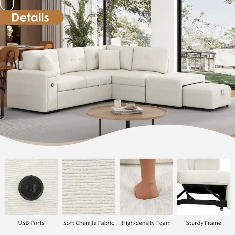 L-Shaped 4-Seater Corner Sofa Bed, featuring a Pull-Out Bed, Movable Ottoman, USB Charging Port, and Fold-Down Cup Holder Table.
