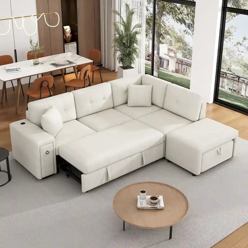 L-Shaped 4-Seater Corner Sofa Bed, featuring a Pull-Out Bed, Movable Ottoman, USB Charging Port, and Fold-Down Cup Holder Table.