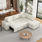 L-Shaped 4-Seater Corner Sofa Bed, featuring a Pull-Out Bed, Movable Ottoman, USB Charging Port, and Fold-Down Cup Holder Table.