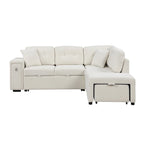 L-Shaped 4-Seater Corner Sofa Bed, featuring a Pull-Out Bed, Movable Ottoman, USB Charging Port, and Fold-Down Cup Holder Table.