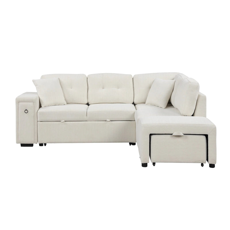 L-Shaped 4-Seater Corner Sofa Bed, featuring a Pull-Out Bed, Movable Ottoman, USB Charging Port, and Fold-Down Cup Holder Table.
