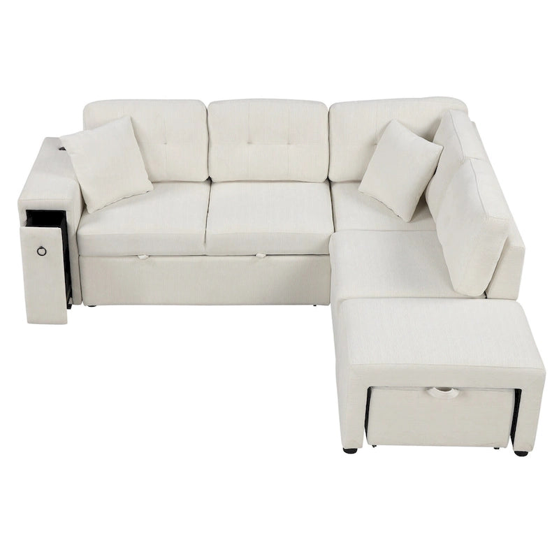 L-Shaped 4-Seater Corner Sofa Bed, featuring a Pull-Out Bed, Movable Ottoman, USB Charging Port, and Fold-Down Cup Holder Table.