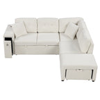 L-Shaped 4-Seater Corner Sofa Bed, featuring a Pull-Out Bed, Movable Ottoman, USB Charging Port, and Fold-Down Cup Holder Table.