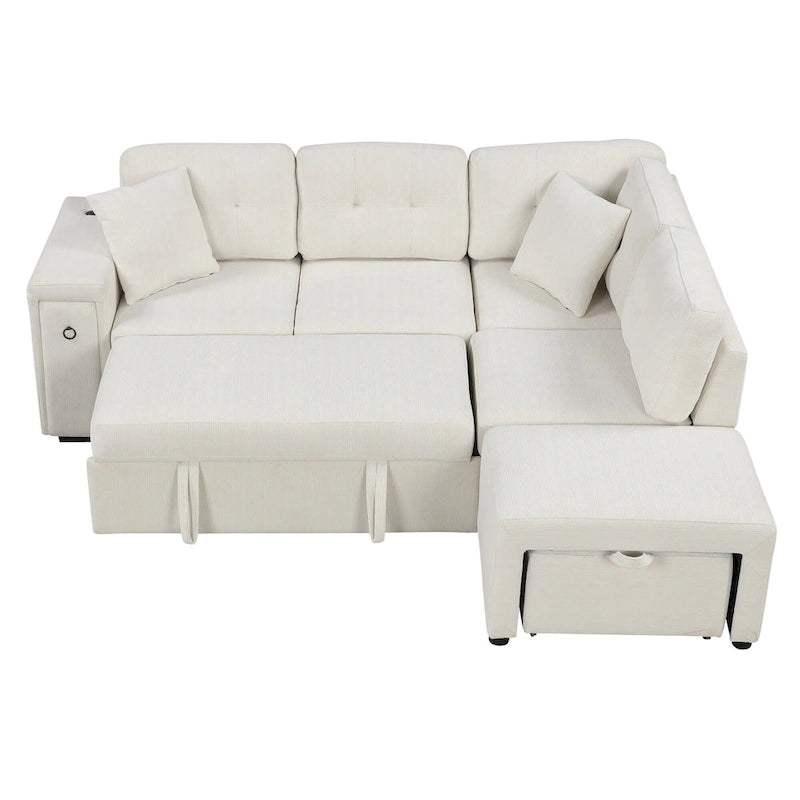 L-Shaped 4-Seater Corner Sofa Bed, featuring a Pull-Out Bed, Movable Ottoman, USB Charging Port, and Fold-Down Cup Holder Table.