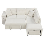 L-Shaped 4-Seater Corner Sofa Bed, featuring a Pull-Out Bed, Movable Ottoman, USB Charging Port, and Fold-Down Cup Holder Table.