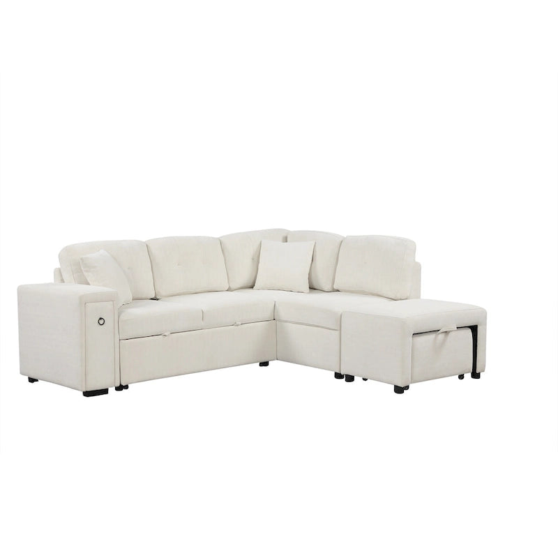 L-Shaped 4-Seater Corner Sofa Bed, featuring a Pull-Out Bed, Movable Ottoman, USB Charging Port, and Fold-Down Cup Holder Table.