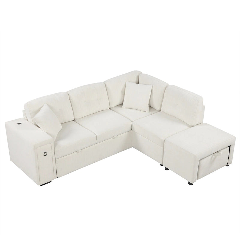 L-Shaped 4-Seater Corner Sofa Bed, featuring a Pull-Out Bed, Movable Ottoman, USB Charging Port, and Fold-Down Cup Holder Table.