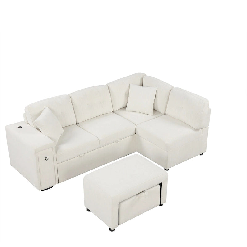 L-Shaped 4-Seater Corner Sofa Bed, featuring a Pull-Out Bed, Movable Ottoman, USB Charging Port, and Fold-Down Cup Holder Table.