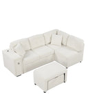 L-Shaped 4-Seater Corner Sofa Bed, featuring a Pull-Out Bed, Movable Ottoman, USB Charging Port, and Fold-Down Cup Holder Table.