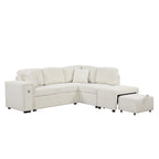 L-Shaped 4-Seater Corner Sofa Bed, featuring a Pull-Out Bed, Movable Ottoman, USB Charging Port, and Fold-Down Cup Holder Table.
