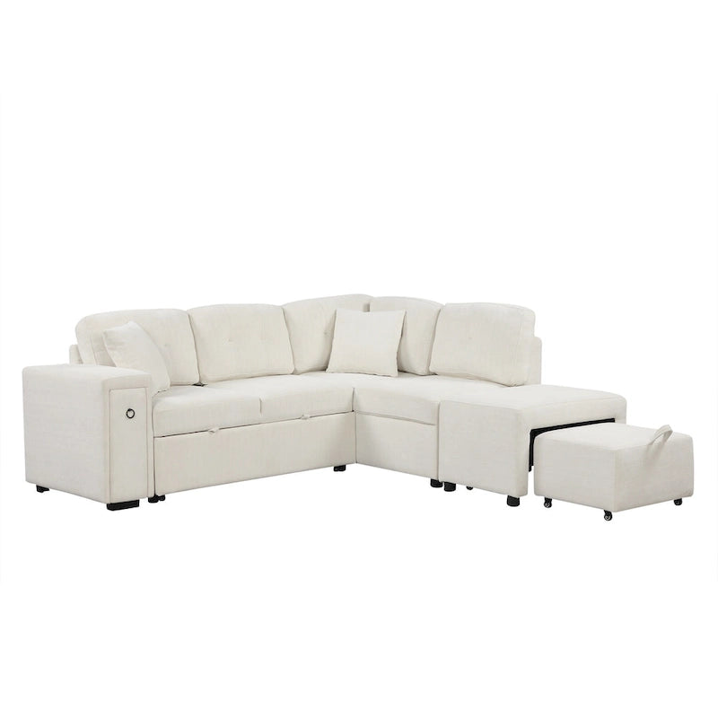 L-Shaped 4-Seater Corner Sofa Bed, featuring a Pull-Out Bed, Movable Ottoman, USB Charging Port, and Fold-Down Cup Holder Table.